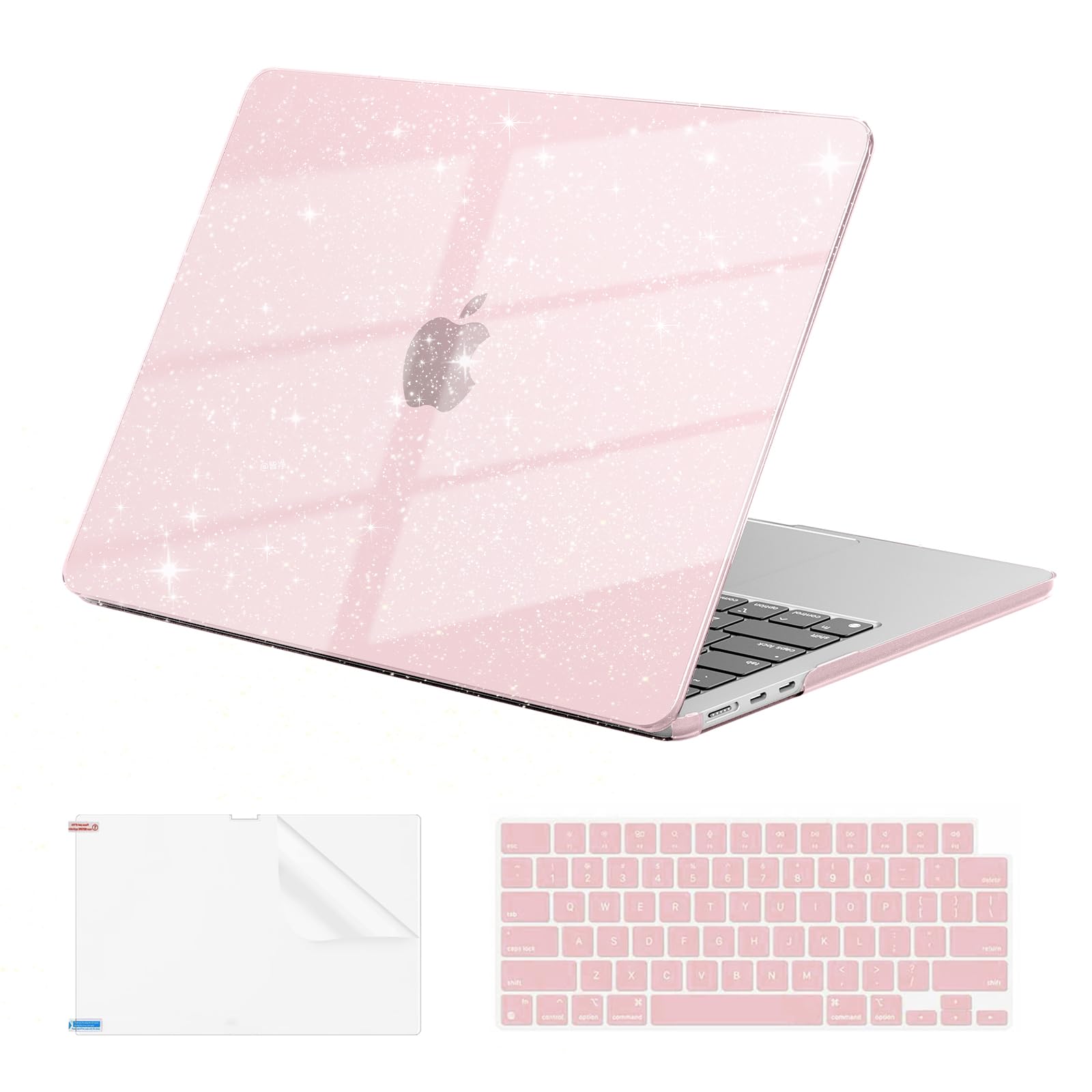 EooCoo Case Compatible with MacBook Air 13 inch 2025 2024-2022 Release M3 M2 A3113 A2681, Glitter Hard Shell&Keyboard Skin Cover&Screen Protector for Mac Air 13.6 inch Case, Sparkly Baby Pink