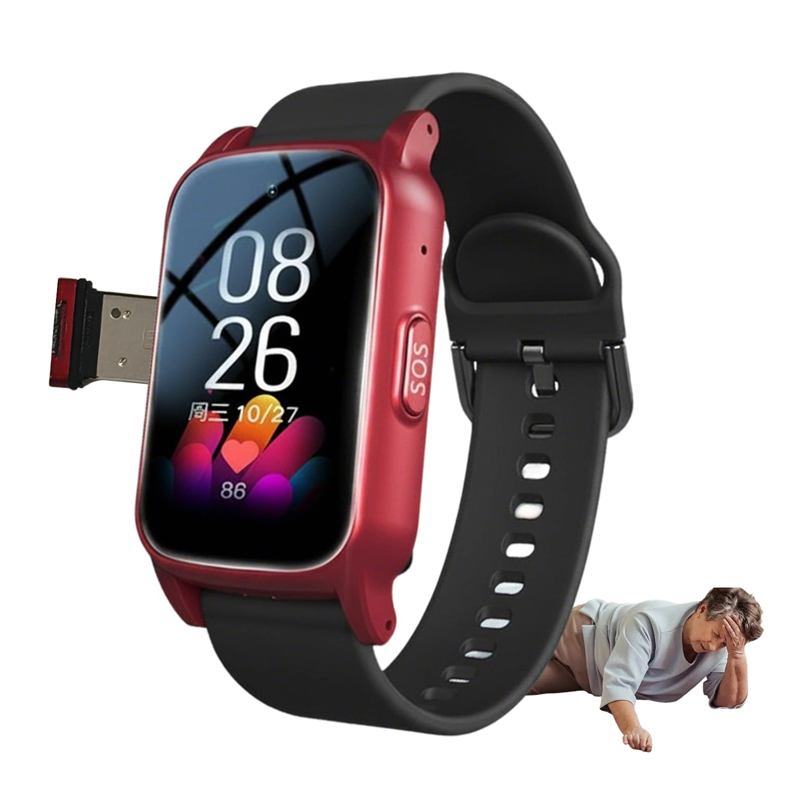Montre Connectée Senior, avec Détection De Chutes, Étanchéité IP67, Appels Vocaux HD, Bracelet SOS, Tracker GPS, Bracelet D'Alarme pour Personnes ÂgéesRed,1.25 * 0.57 * 2.22inch