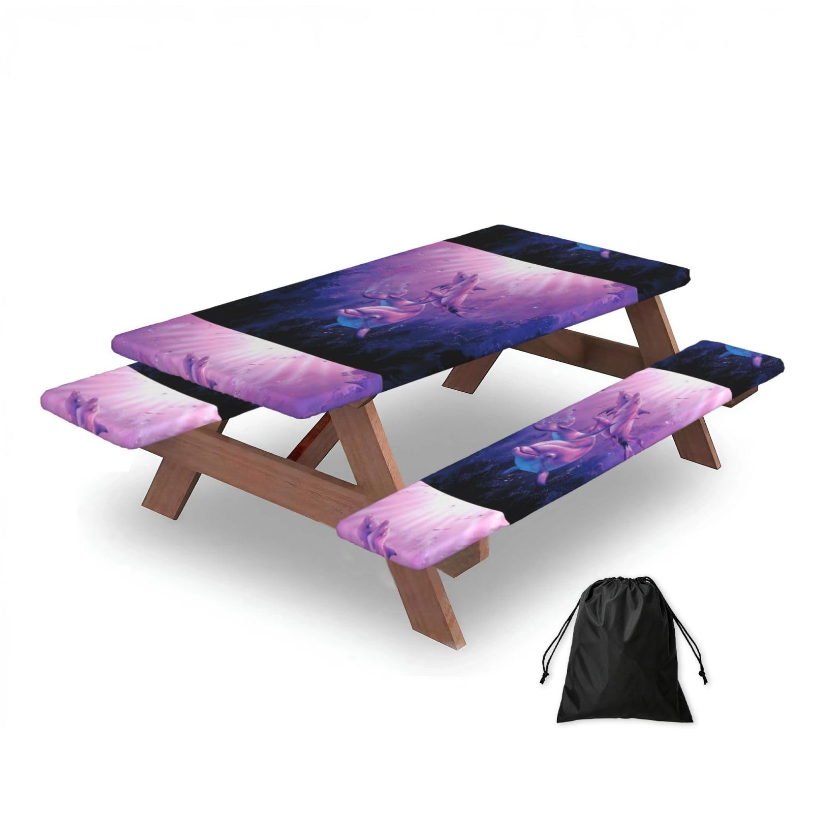 Dopklna As Picture Dolphins Animal, Picnic Table Cover With Bench Covers -Waterproof Elastic Fitted Tablecloth For Garden Camping Patio 76X152cm