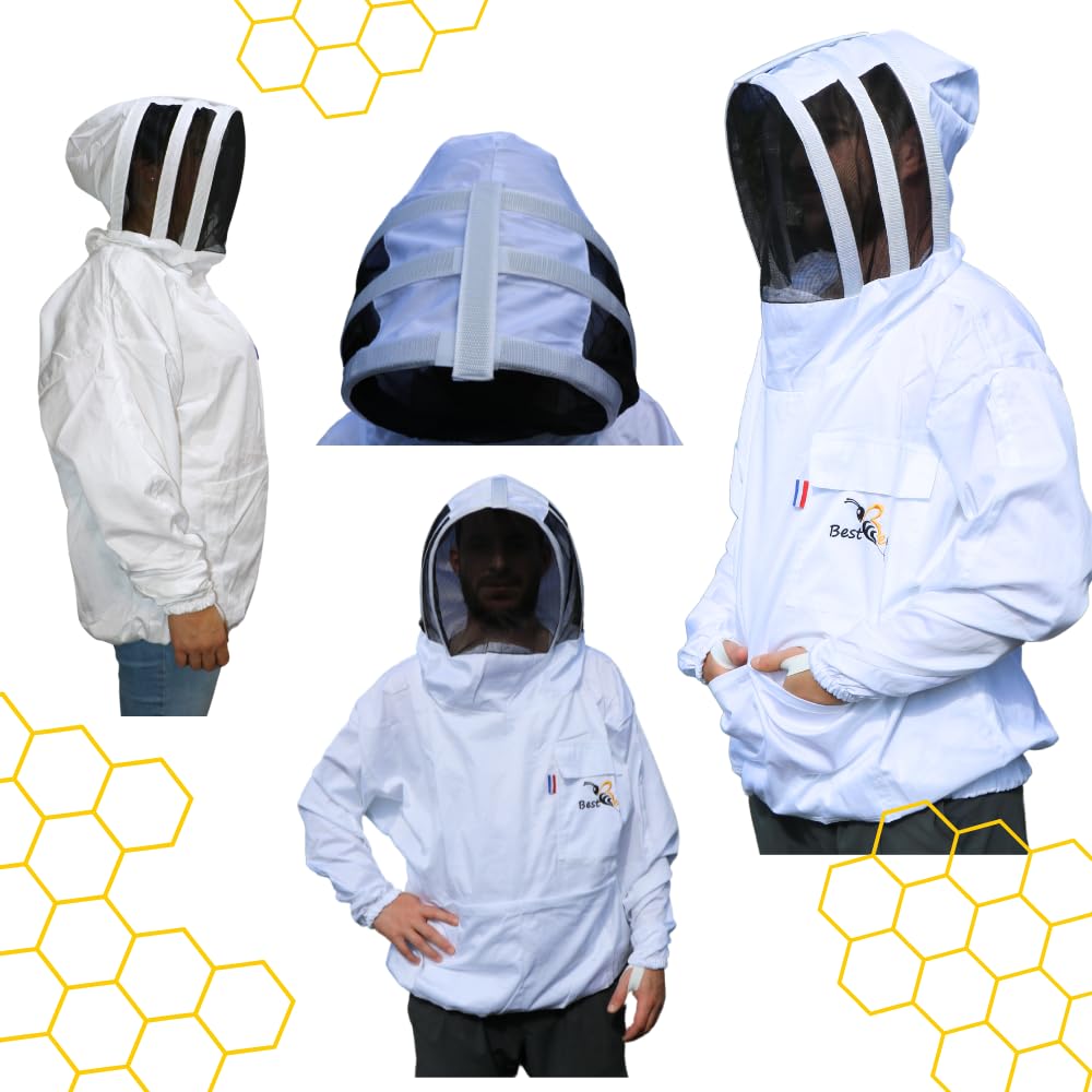 Best Bee varosa Apicoltore in tessuto spesso e cotone di alta qualità da infilare, cappuccio cofortable e fisso, tasche per attrezzi - giacca apicoltura anti vespe e api da infilare (L)