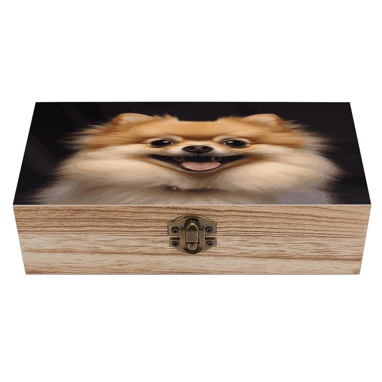 Btcowzrv Style Happy Short-Haired Pomeranian Wooden Storage Box, Keepsake Box With Hinged And Retro Lock, Wood Jewelry Organizer For Photos & Mementos And Home Decor