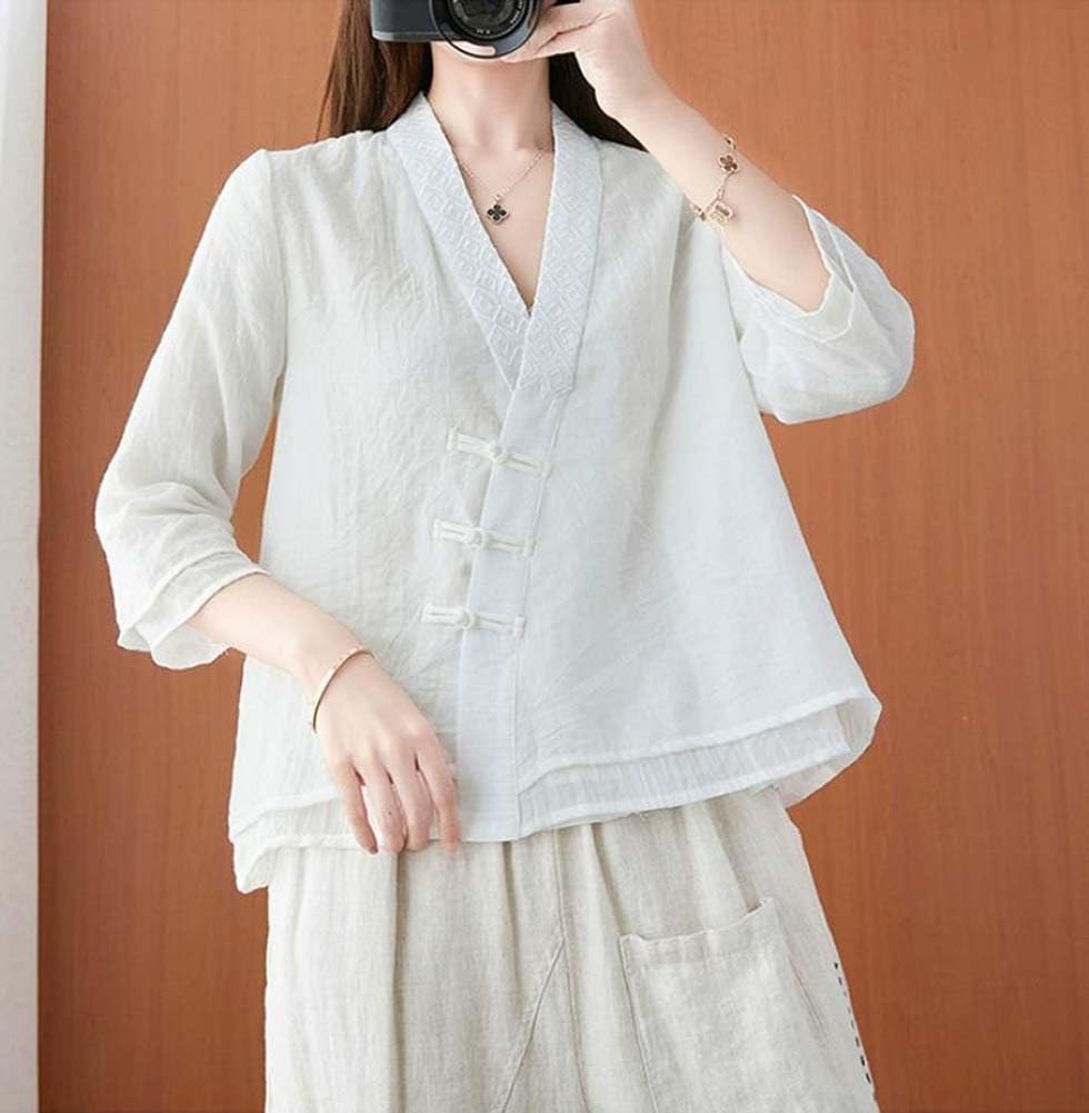 The Princess Bride Hanfu - Blusa informal de lino, manga 3/4, cuello en V, ropa tradicional china con botones de rana china, para verano, A4