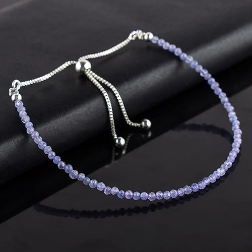 Miniatura 3 de A+ Natural Tanzanite Gemstone Bolo Bracelet, Micro-Faceted Beads, Chakra Stone, Healing Crystals, Silver Plated, Adjustable Slider, Birthday,