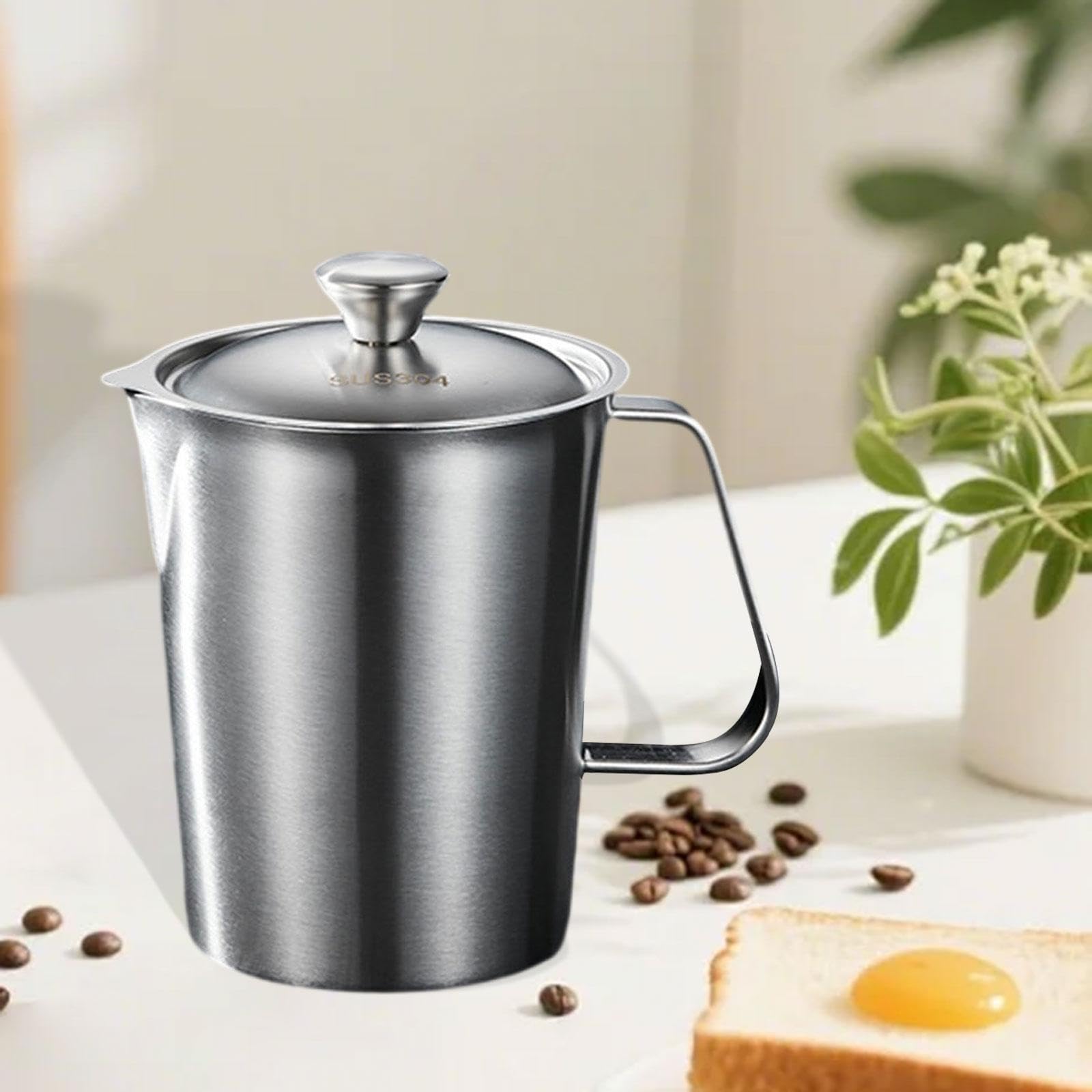 Messbecher Edelstahl Messbecher Behälter mit Deckel Milchaufschäumkanne Große Kapazität Küchenmischkrug mit Handgriff Präzise Skalierung für Aufschäum, 1500 Ml