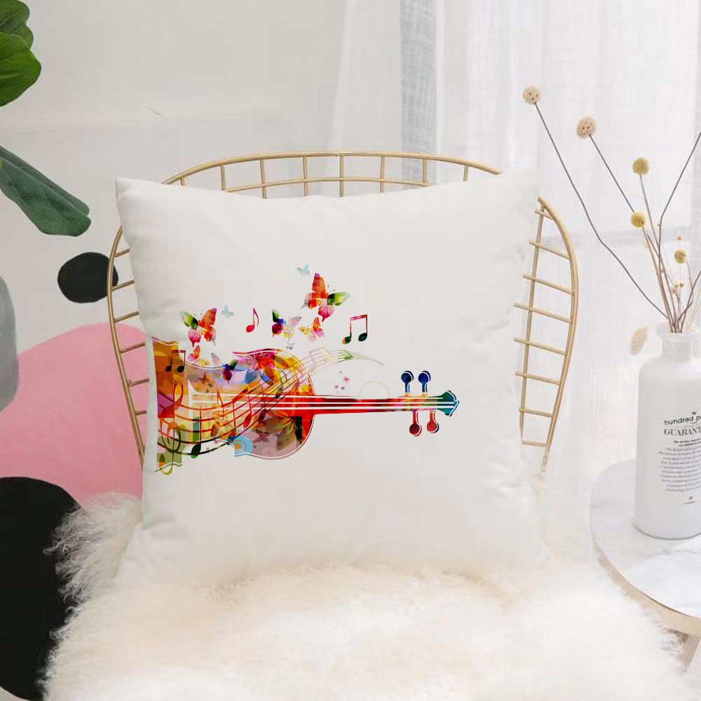 HYMSXW Cushion Cover,Throw Pillow Case Home Decorative for Living Room Bedroom Sofa Chair 20X20 Inch,Colorful collage of wind violin and butterfly dancing notes,Pillowcase 50X50cm