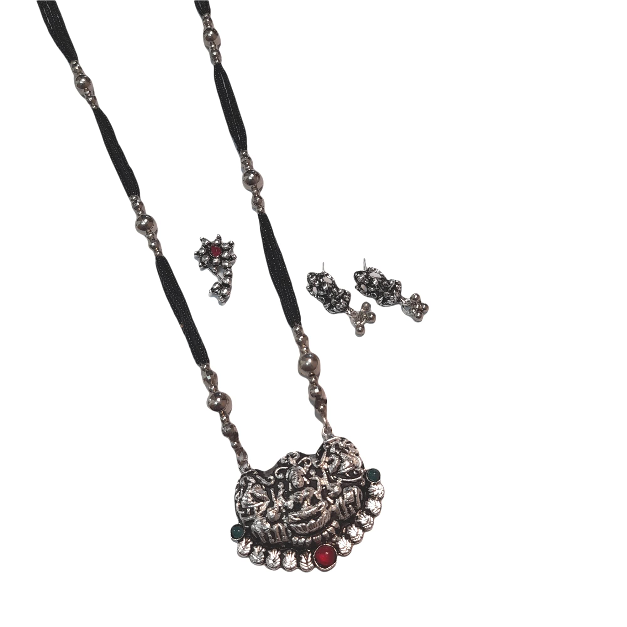 Swaroop Designer Silver Plated Black Beads 30 inch Long Oxidised Designer White Metal Women Mangalsutra with Earring Nosepin Combo Jewellery Set-Slvr Laxmi Mngl (B09H3322CJ) Amazon Price History, Amazon Price Tracker