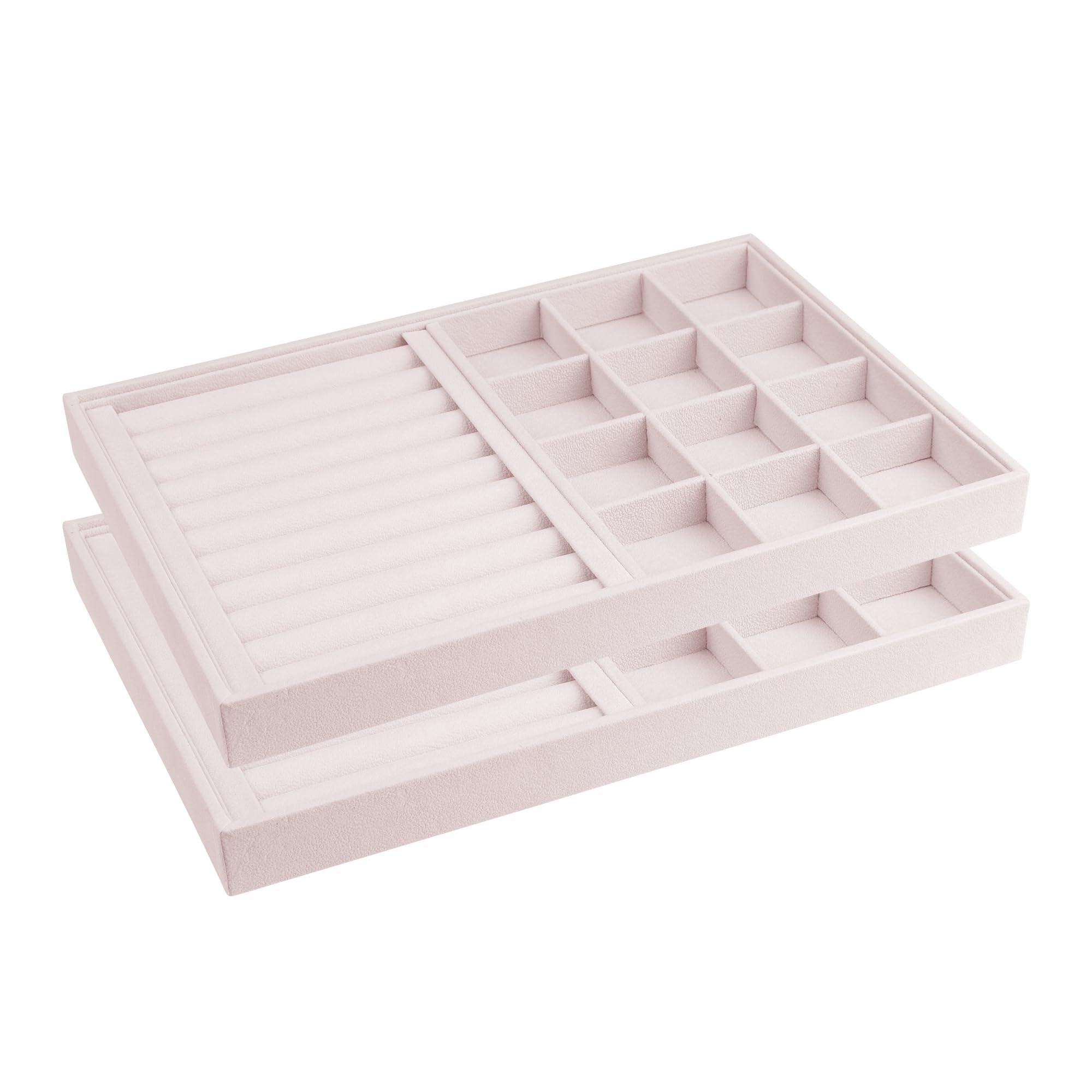 uxcell Set of 2 Stackable Velvet Jewelry Organizer Trays with Removable Dividers for Drawers, Jewelry Organizer Drawer Storage Ring/12 Grid Tray Light Pink