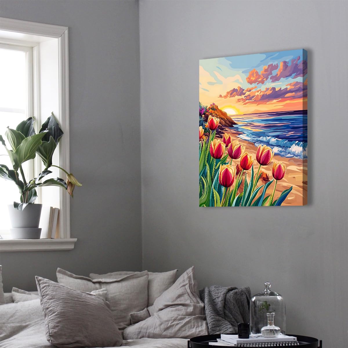 CHERHERART Affiche de peinture paysagère moderne de plage Peinture murale en toile florale orange jaune Tirages sur toile tulipes au coucher de soleil côtier pour salle à manger 85x110 cm sans cadre