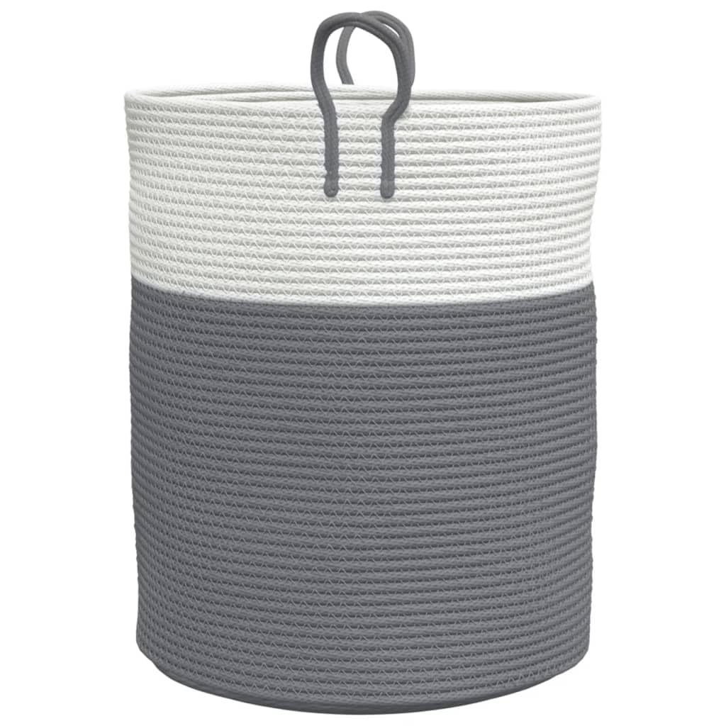 Aufbewahrungskorb Grau Weiß aus Baumwolle Ø38x46 cm geflochten, faltbar mit Griffen, vielseitig für Wäsche Spielzeug Kleidung, robust und atmungsaktiv für Wohnzimmer Schlafzimmer Bad