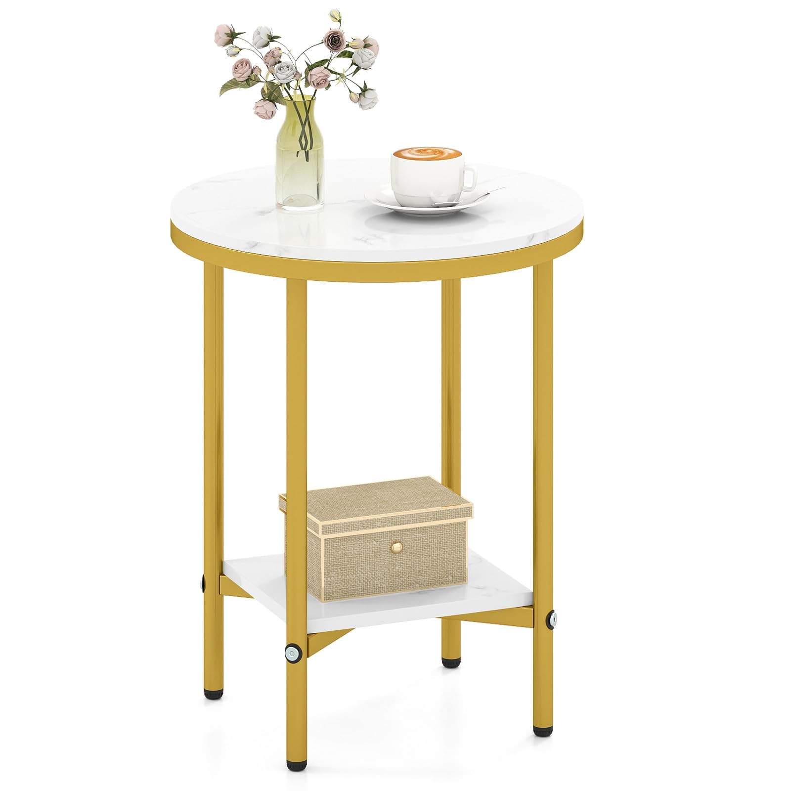 GIANTEX Tavolino effetto marmo oro con 2 ripiani | Tavolino rotondo in legno con telaio in metallo, piccolo tavolino da salotto moderno, diametro 40,5 x 51 cm