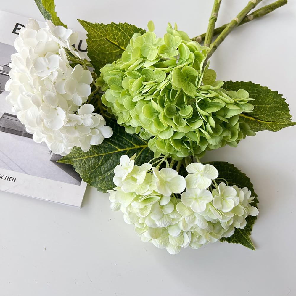 3 Pcs 21in Hydrangea Artificial Flowers Large Natural Lifelike Real Touch Faux Hydrangea Fake Flowers for Outdoor Home Kitchen Table Wedding Party Living Room Decoration (Emerald Green 3pcs)