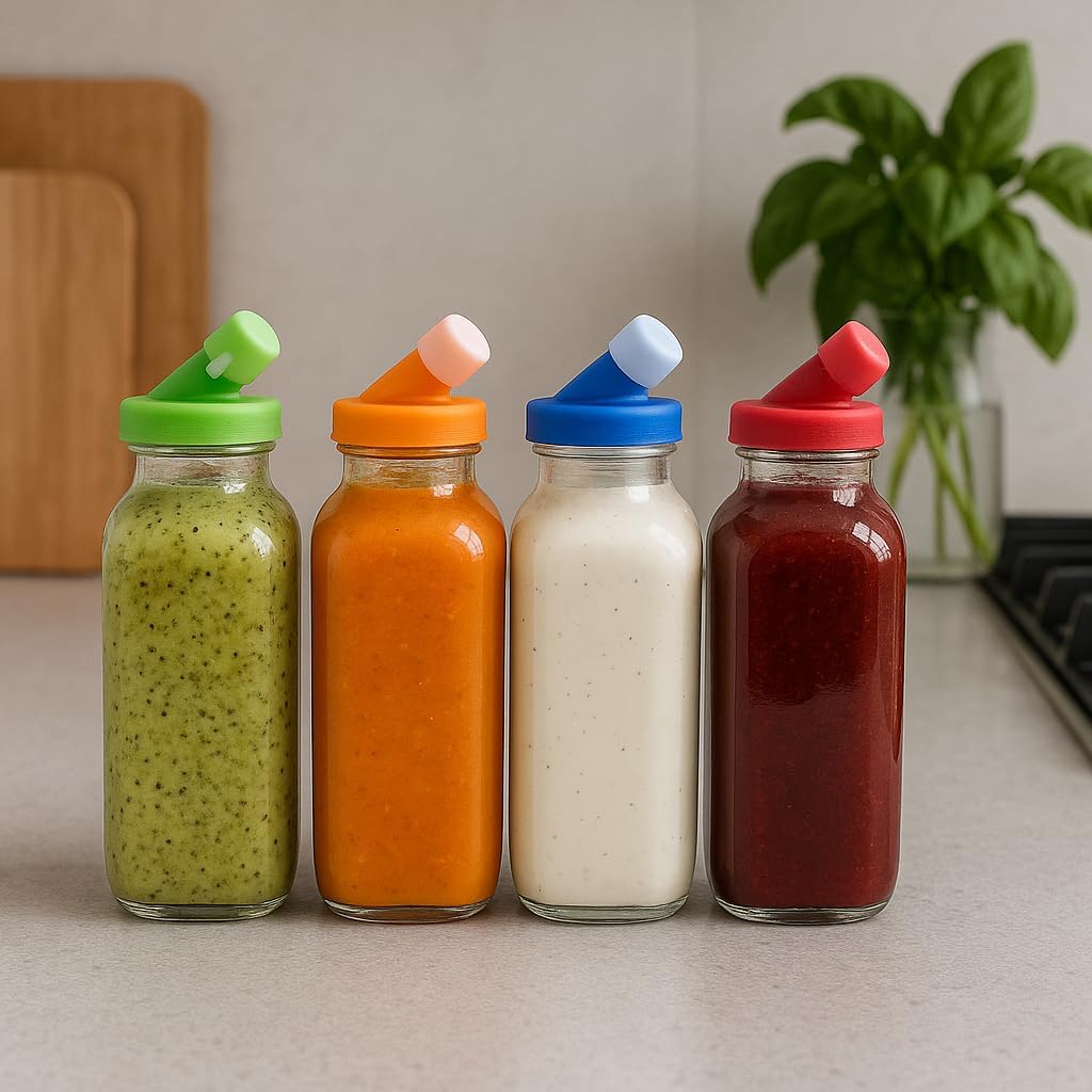 kitchentoolz Salad Dressing Container Glass Bottles – 16oz Glass Salad Dressing Shaker Bottle 4-Pack with Non-Metal Silicone Lids for Dressings, Marinades, Sauce