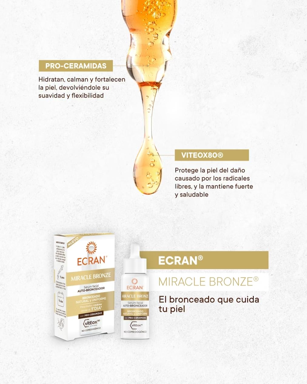 ECRAN Miracle Bronze Autobronceador Facial - Loción Bronceadora con Pro-Ceramidas - Bronceado Natural, Uniforme y Progresivo sin Sol - Textura Ligera, No Reseca ni Engrasa - 4 Días de Duración - 50 ml