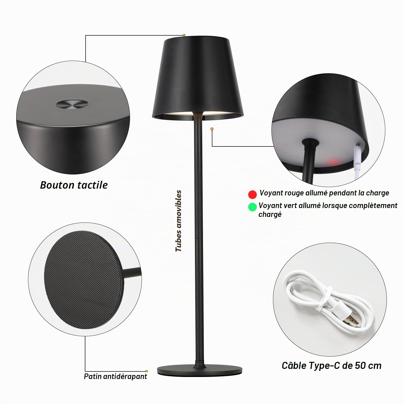 2 Pièces Lampe de Table LED Sans Fil, 3 Température de Couleur, Intensité Variable, Lampe de Chevet Tactile Rechargeable pour Chambre Salon Camping Jardin Café Extérieur(Noir)