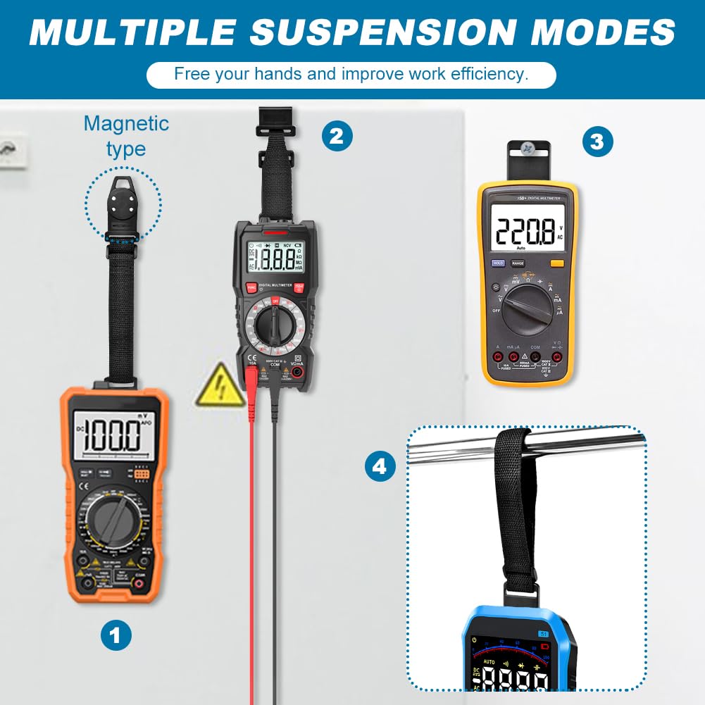 QOTSTEOS Kit da appendere per multimetro Fluke, 2 cinghie, 3 clip, 1 gancio e gancio magnetico, kit universale per appendere i multimetri Fluke (nero)