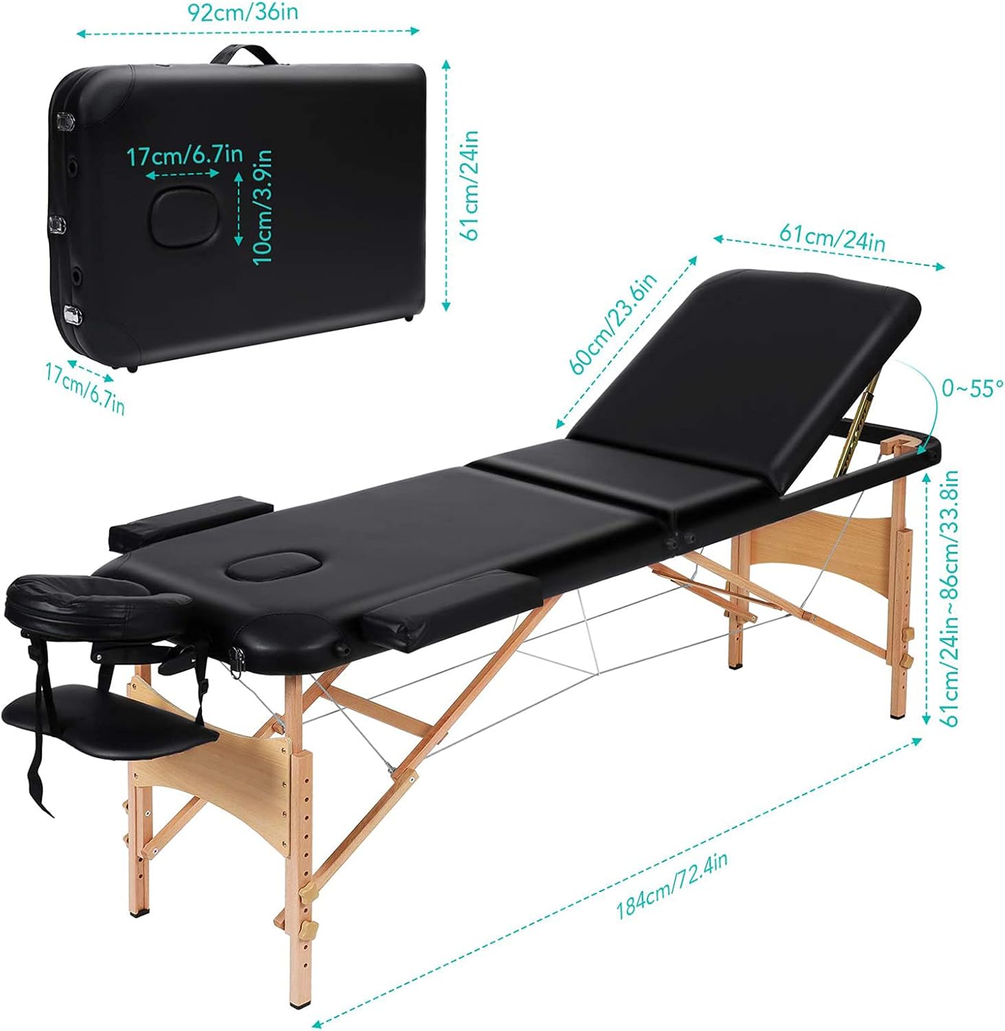 Portable Massage Table Professional Adjustable Folding Bed with 3 Sections Wooden Frame Ergonomic Headrest and Carrying Bag for Therapy Tattoo Salon Spa Facial Treatment : Beauty & Personal Care