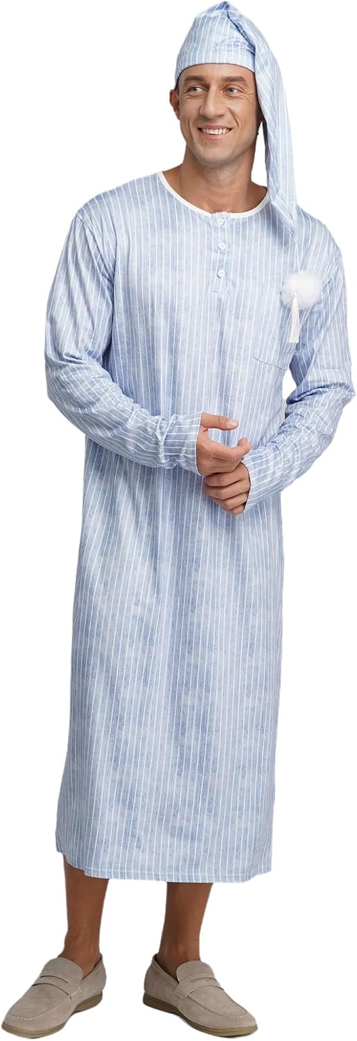 Lejafay Men's Striped Nightshirt Long Sleeve Henley Sleep Shirt with Night Cap Christmas Sleepwear