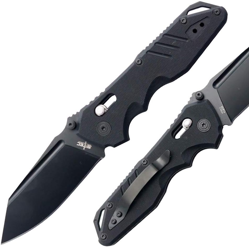 S-TEC TS016 EDC Tactical Pocket Knife, 8CR14 Stainless Steel, G10 Handle, Lanyard Hole, Hunting Outdoor Sport, Ambidextrous Clip (Stealth Black)