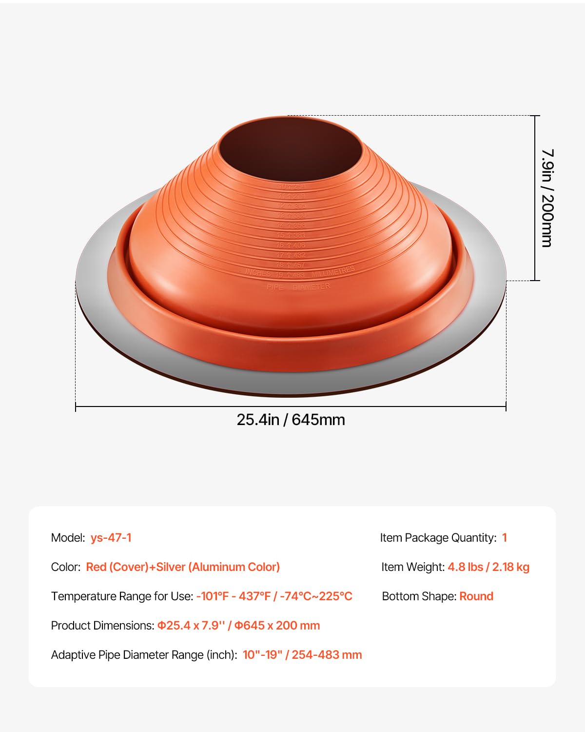 VEVOR Guarnizione per Tubo del Tetto, per Tubi con Diametro Esterno 254-483 mm, Guarnizione Flessibile in Silicone Temperatura -74℃-225℃, Base in Metallo Rosso Rotondo, per Camino Tubo Sfiato Esterno