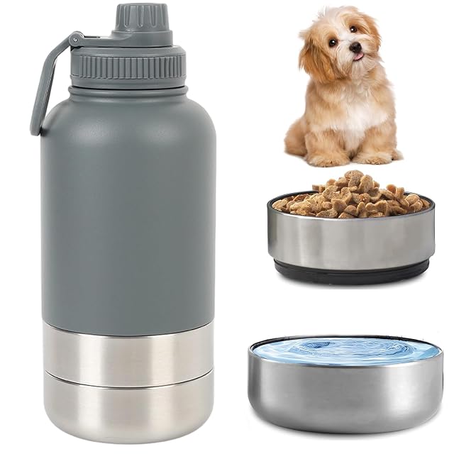 Botella de agua para perros para viajes, 950 ml, de acero inoxidable, aislada, con cuenco para comida y agua