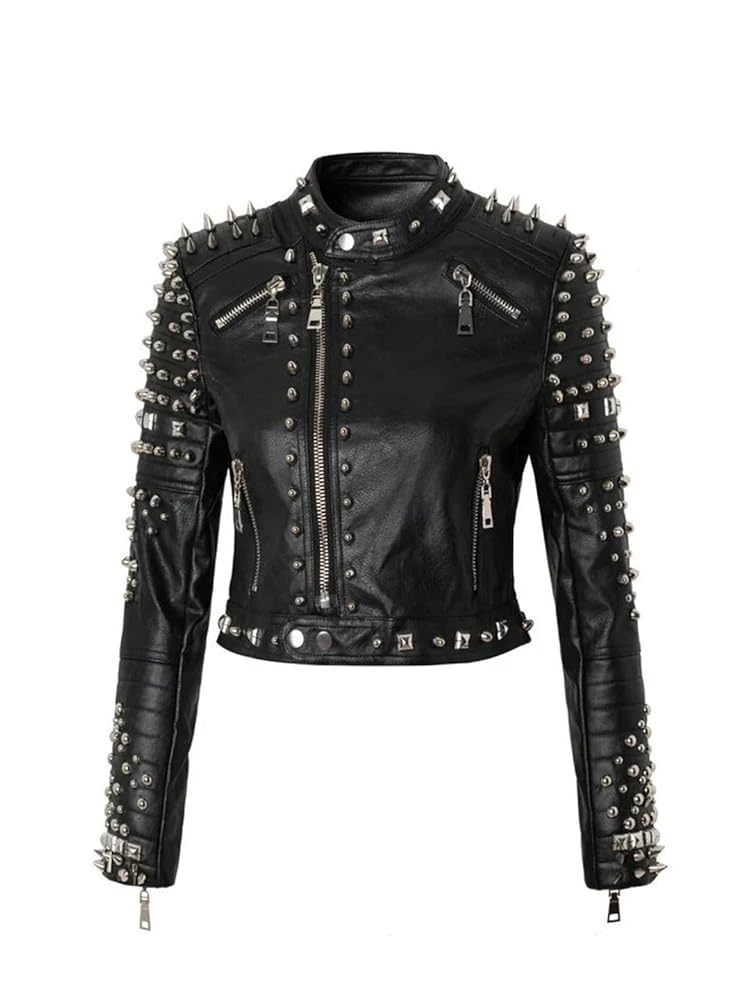Women Punk Studded Slim-Fit Cropped Leather Jacket