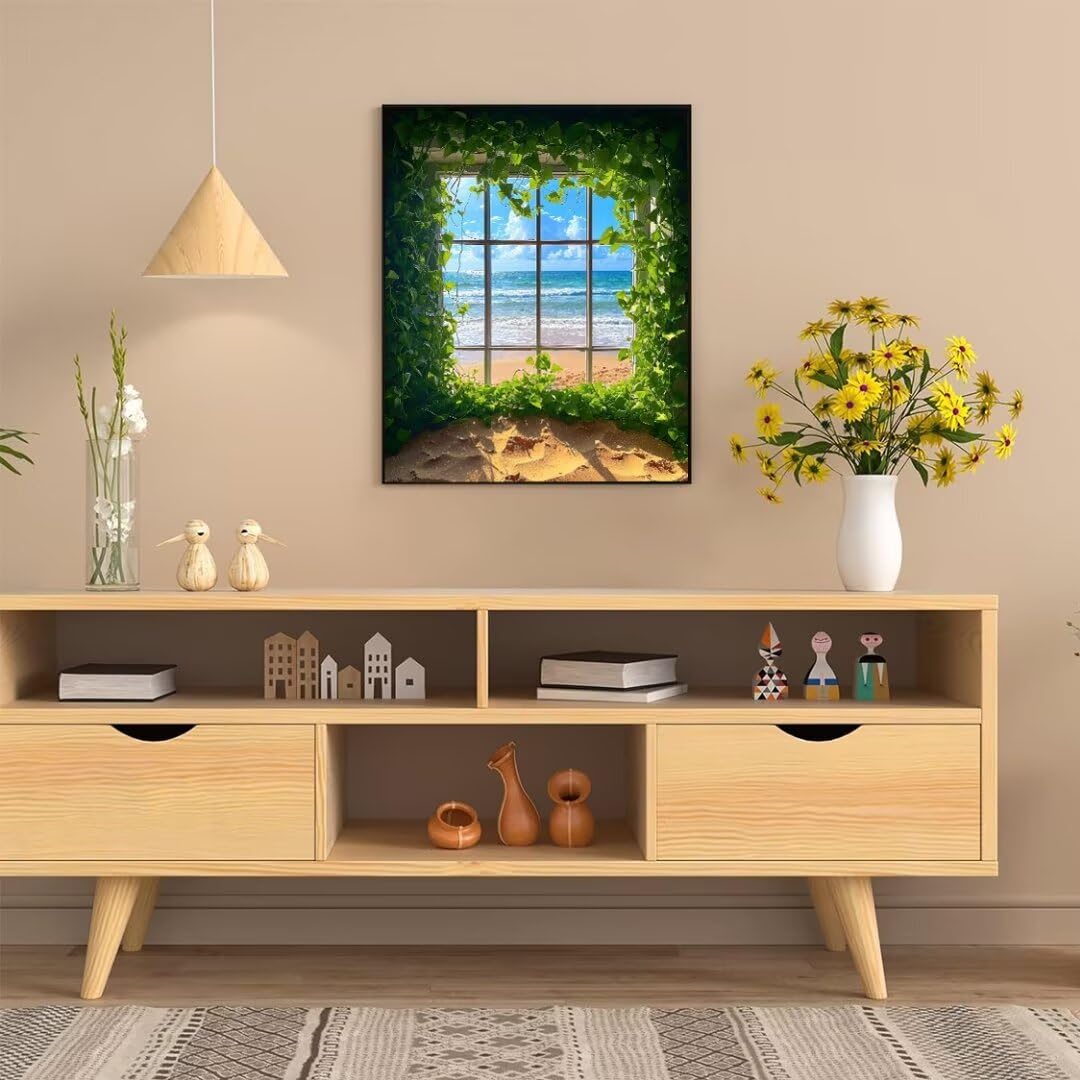 Malen Nach Zahlen Fensterblick auf das Meer Malen Nach Zahlen Erwachsene, Malen Nach Zahlen Kinder, Mit Pinseln und Acrylfarben, Zur Möbelwanddekoration, Geschenke für Frauen 120x90cm (Rahmenlos) w450