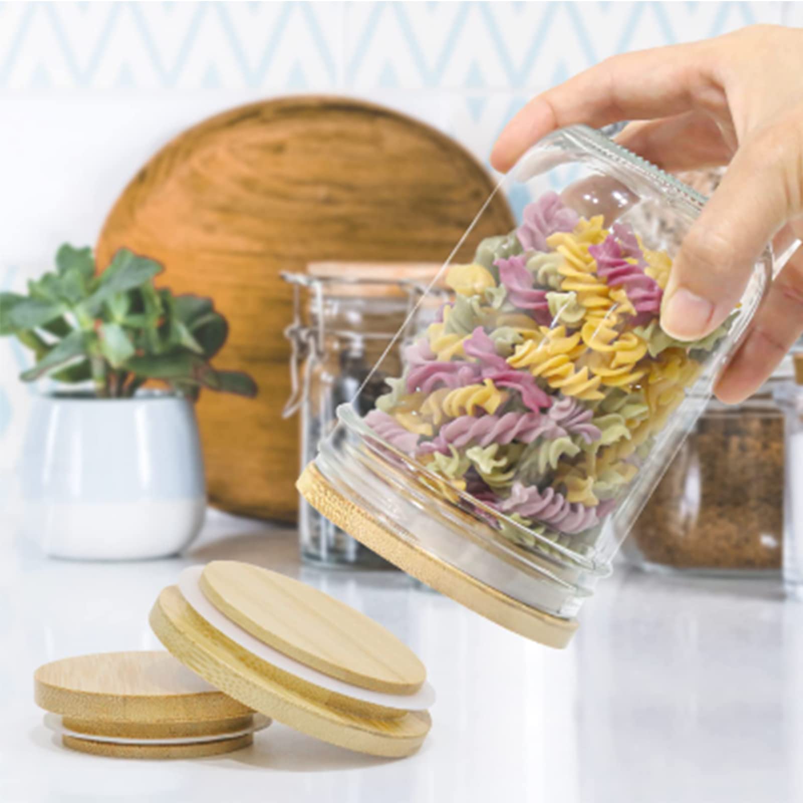 Lot De 20 Couvercles En Bambou 80 Mm Avec Joint Silicone - Pour Pots De Yaourt, Bocaux, Réutilisables