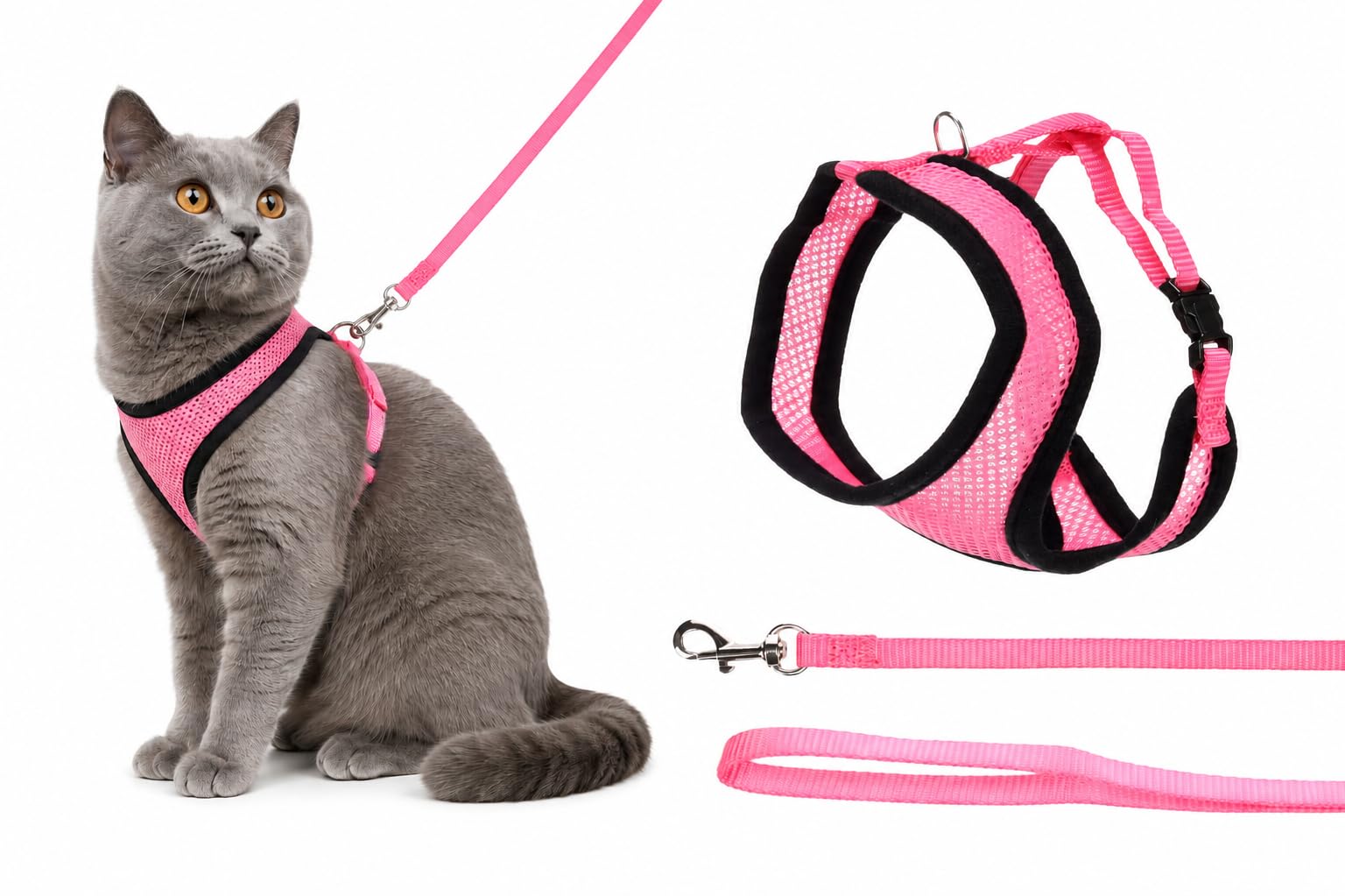 Harnais pour Chat - Harnais Harms Rose pour Chaton avec Laisse - Mesh Respirant Doux - réglable avec Fermeture clic et Mousqueton - 28cm / 32-41cm / 110cm