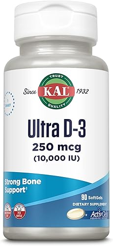 KAL Ultra Vitamina D3 10000 UI cápsulas blandas (250 mcg), vitamina D de alta potencia, absorción de calcio, suplemento de apoyo para la salud ósea