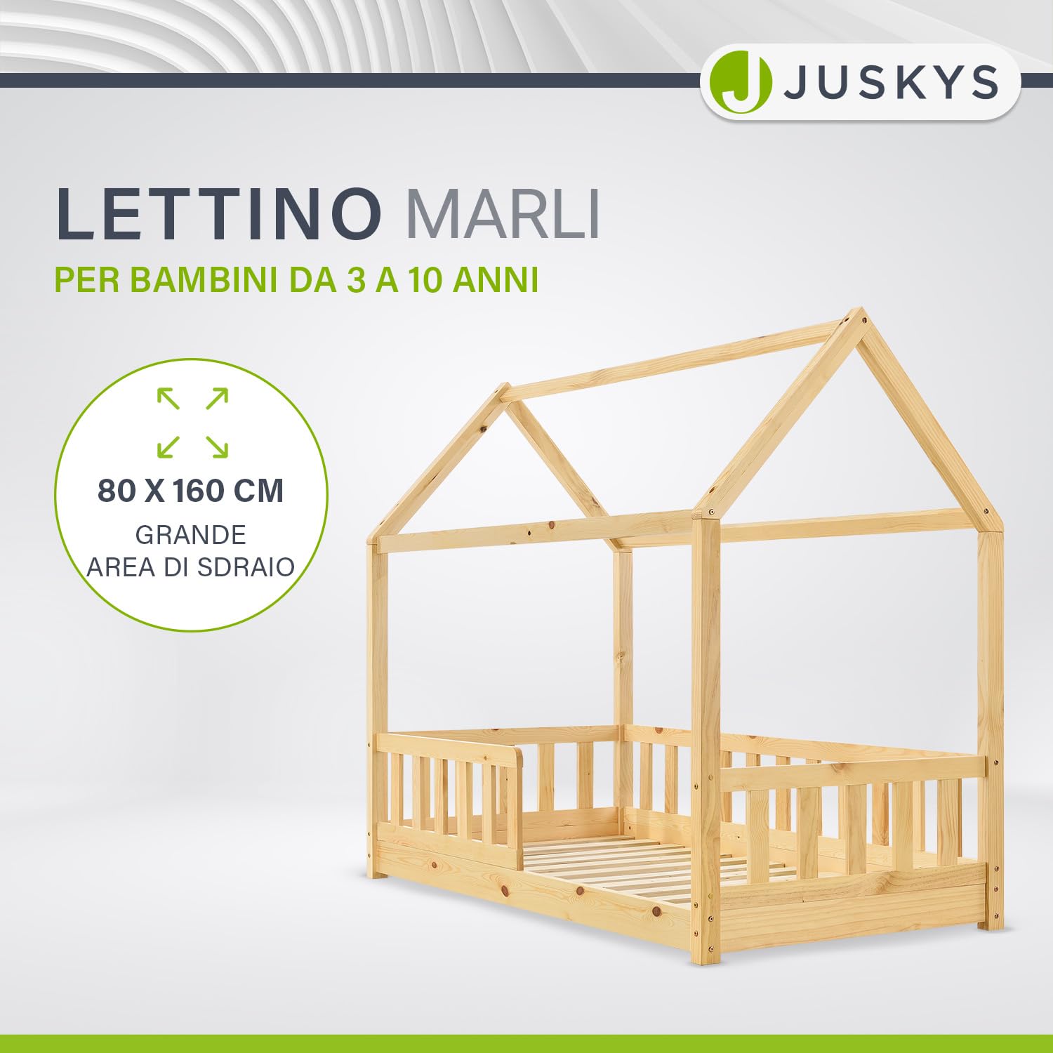 Juskys letto per bambini Marli da 80x160 cm con protezione anticaduta, rete a doghe e tetto - Letto a casetta in legno massiccio per bambini - Colore naturale