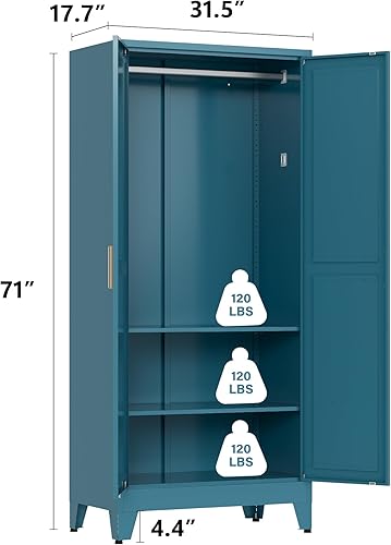 Miniatura 3 de Armario guardarropa de metal con barra para colgar, 71'' Gabinete guardarropa de metal con 2 puertas y 2 estantes ajustables, armarios de