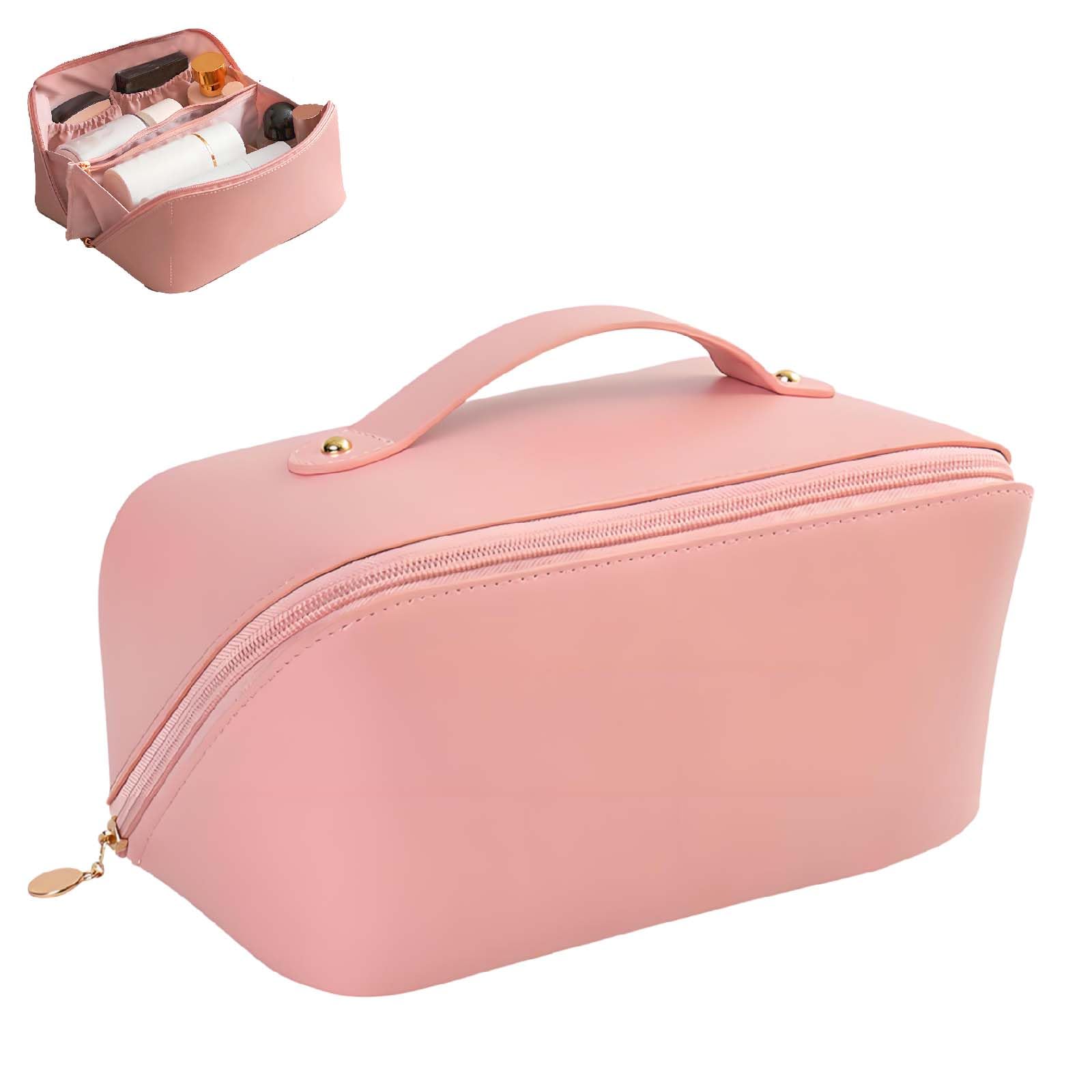 Pink Makeup Bag, Makeup Bag with Compartments, with Handle Cosmetic Bags, Travel Make up Bags