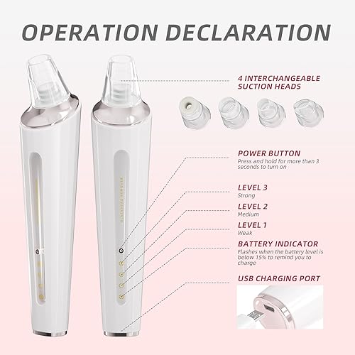 Miniatura 6 de Aspiradora de poros para eliminar puntos negros, extractor de limpiador facial, 4 cabezales de succión y 3 modos ajustables, interfaz de carga USB,