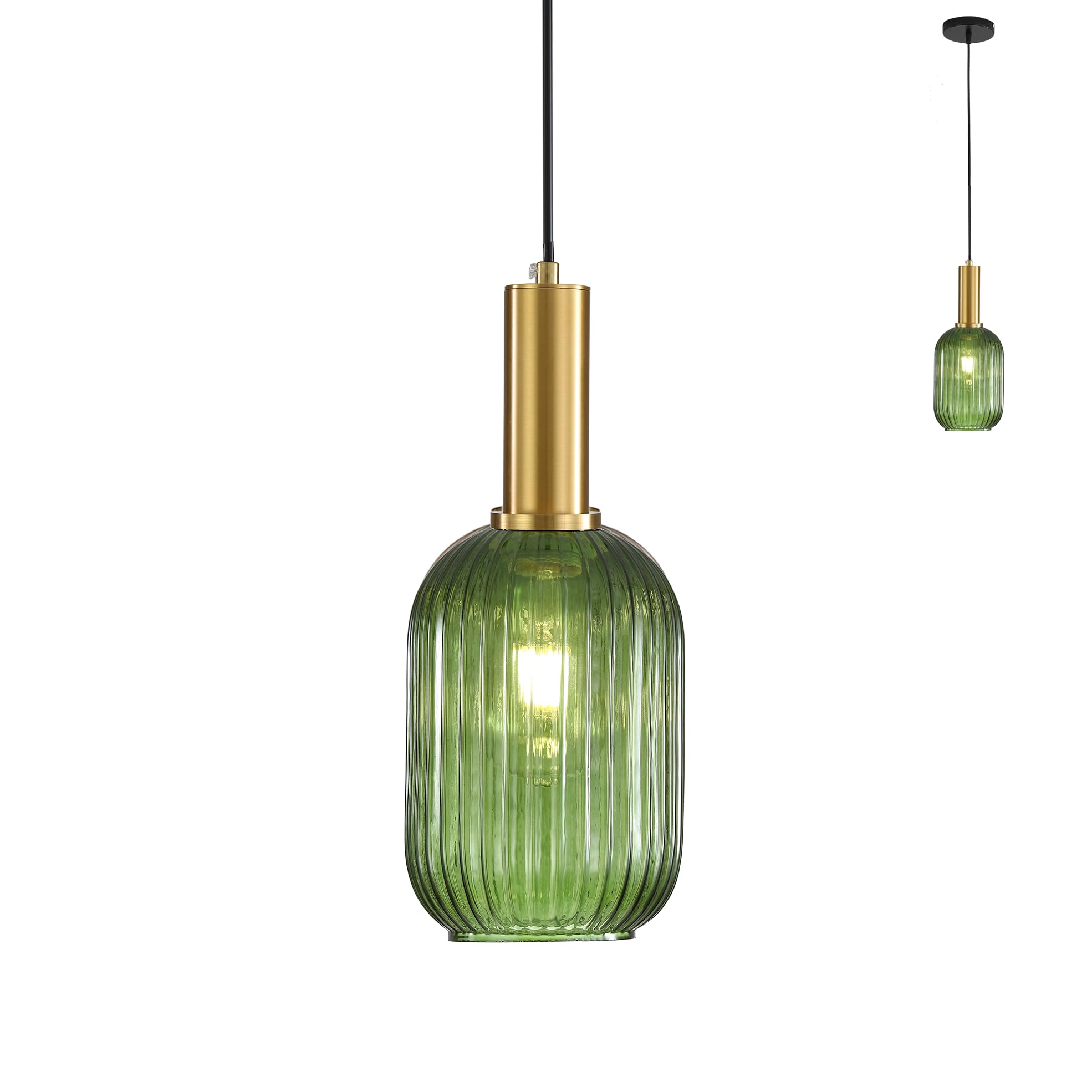 Modern Industrial Pendant Light with 13CM Striped Glass Lamp Shade, Gold E27 Loft Bar Height Adjustable Ceiling Hanging Lamp for Kitchen Dining Room Bedroom (Green) [Energy Class E]