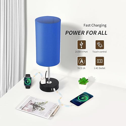 Miniatura 9 de Lámpara de noche con control táctil, lámparas de mesa regulables de 3 vías con 2 puertos USB y tomacorriente, lámpara de mesita de noche para