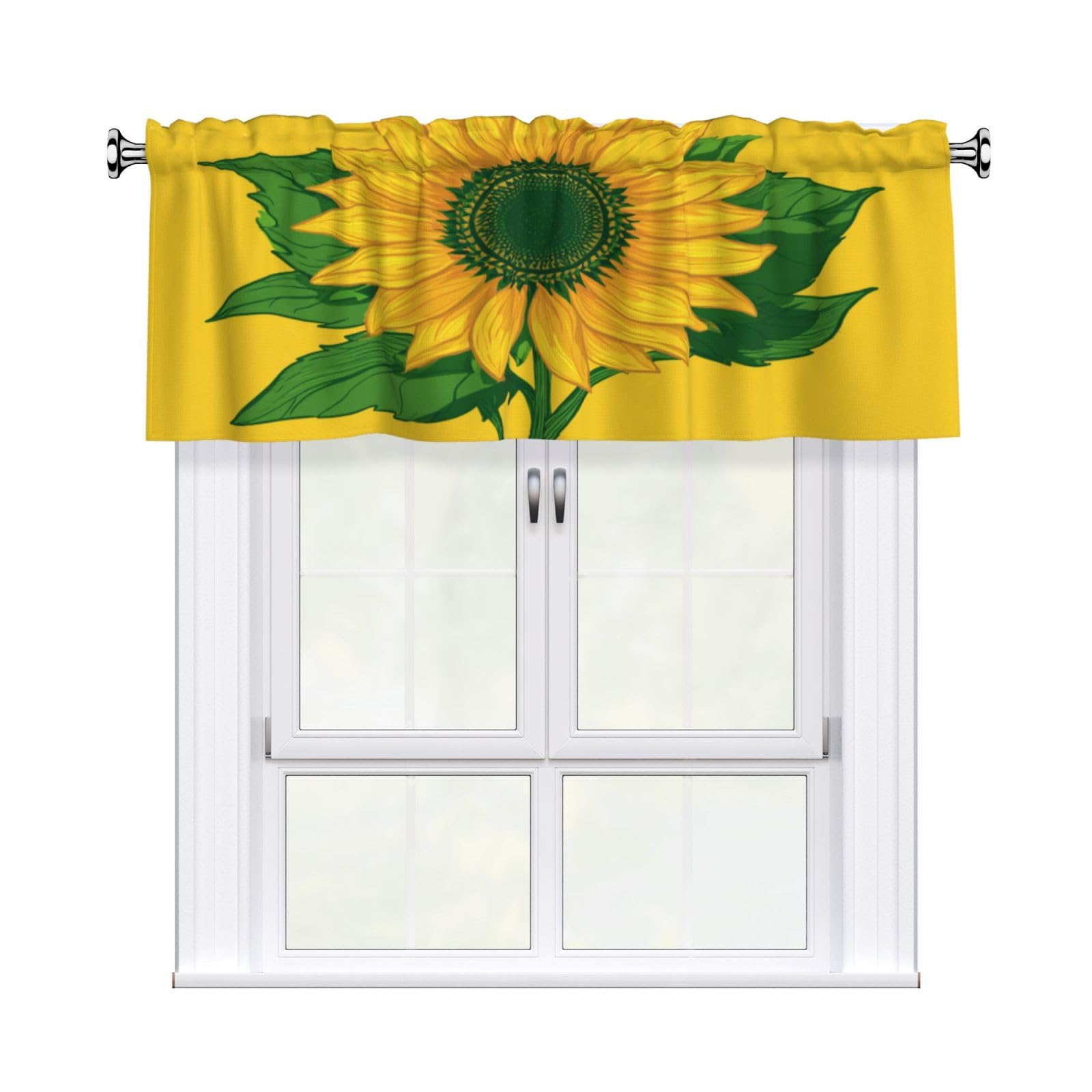 Woshuwo Sunflower With Yellow Petals Green Leaves Valances For Windows Rod Pocket Window Treatment Short Curtains For Kitchen Living Room Bedroom Decor 54x18in