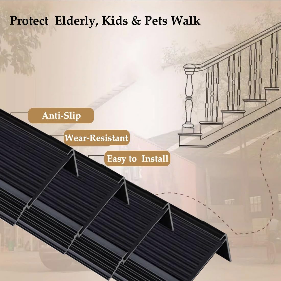 Protector de Nariz de Escalera De Goma Antideslizante 135/145cm, Perfil de Borde de Escalera de Aluminio 8,5cm, Moldura de Borde de Escalón en Forma de L Negro(130x8.5x2.1cm)