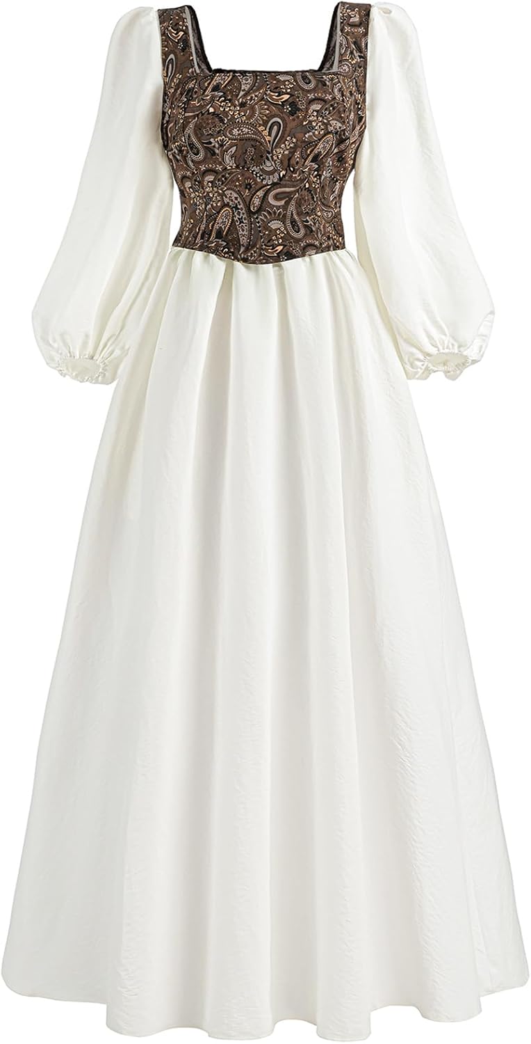 CR ROLECOS Renaissance Costume Women Square Neck Medieval Dress Peasant Ren Faire Outfit with Corset White