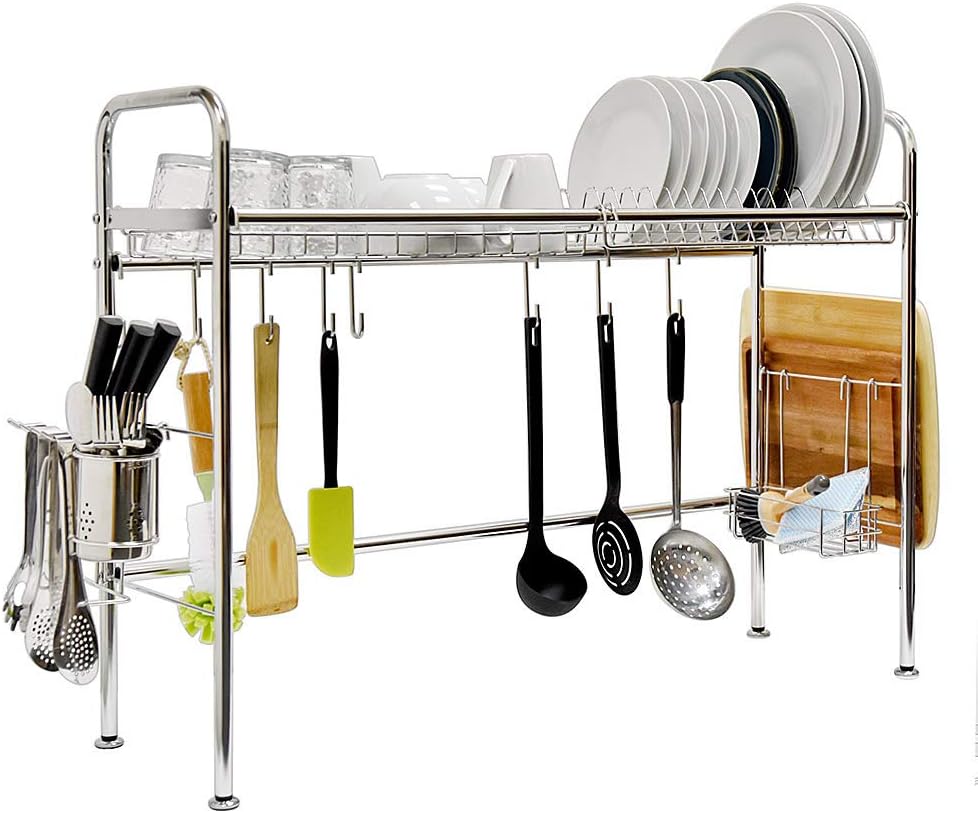 304 Stainless Steel Over Kitchen Sink Dish Drying Rack, Single Layer, with Holders and Attachment Organizers