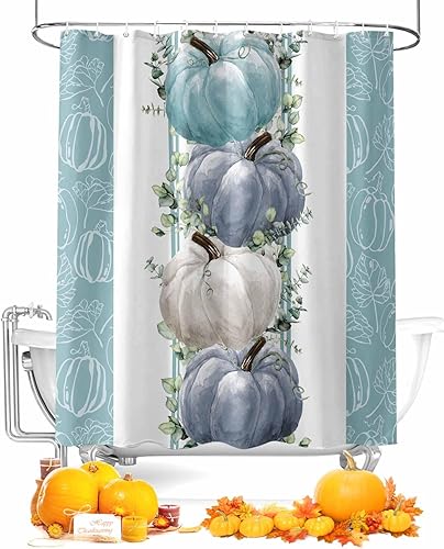 Cortinas de ducha de otoño para baño con temática de Acción de Gracias, cortina de ducha de calabaza de tela con ganchos, juego de cortinas de ducha