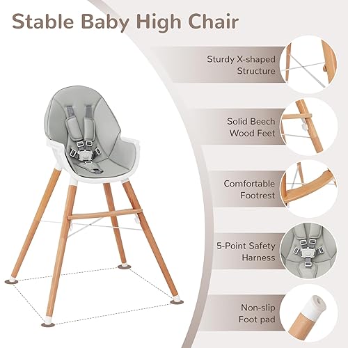 Miniatura 6 de HONEY JOY Silla alta para bebé, trona de madera de haya para bebés y niños pequeños, bandeja de alimentos extraíble de doble capa, arnés de 5