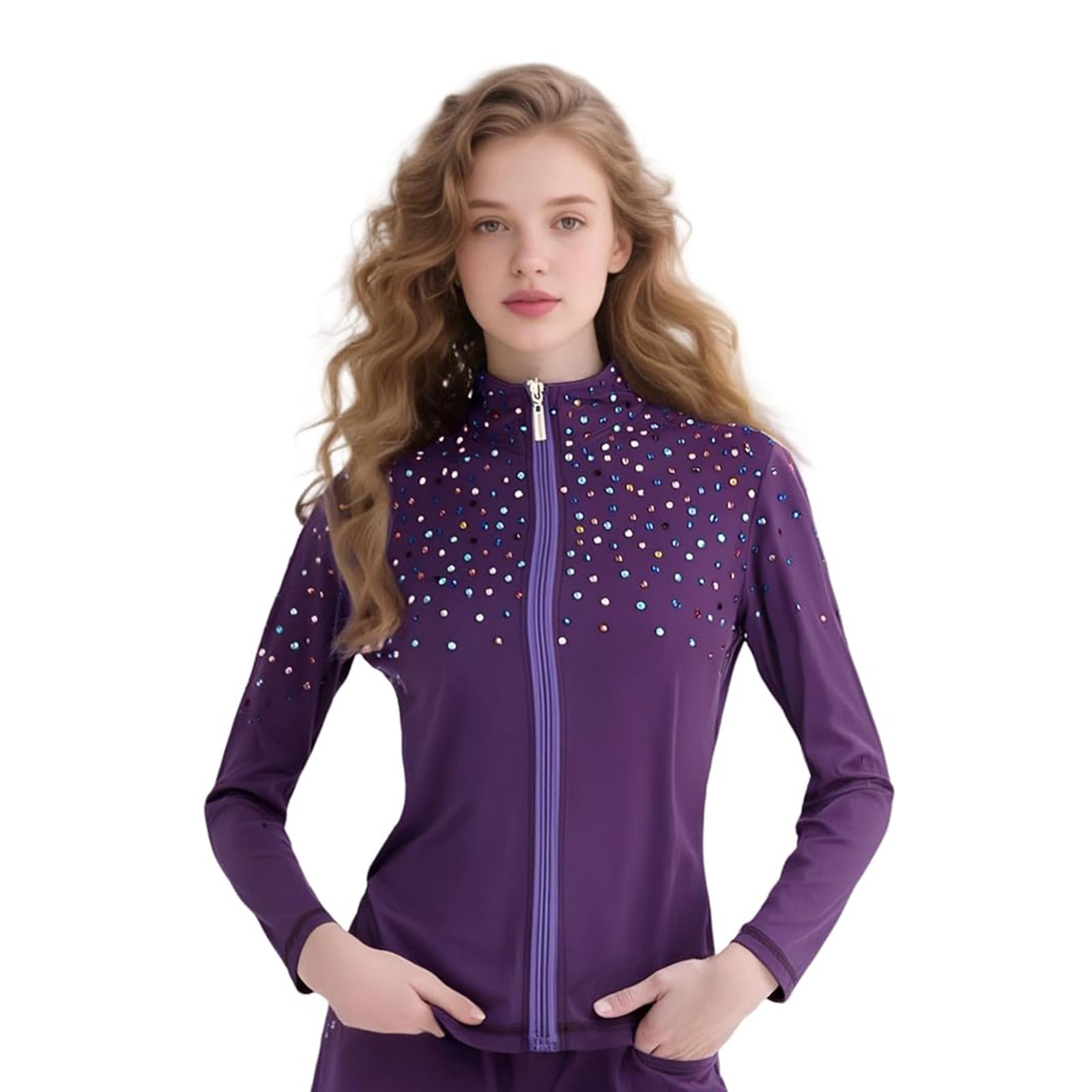 LIUHUO Ice Skating Jacket For Girls Sparkly Diamond Suit Stretchable Figure Skating Outfit Handmade Competition Performance