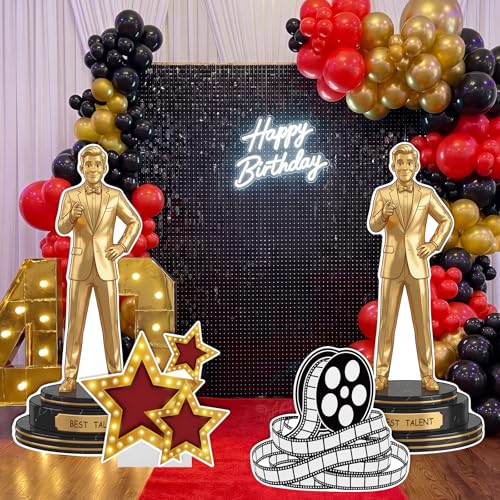 Image of 4 Pcs Movie Night Party Decorations Includes Film Strip Cardboard Star Cutout Gold Man Standees with Sturdy Bases for Movie Red Carpet Themed Birthday Party Photo Booth Props