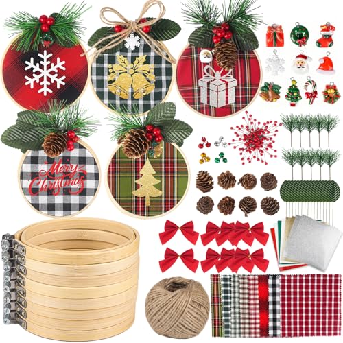 Ecoofor 8 Pack DIY Christmas Ornaments Craft Kit, Christmas Ornaments Kits with Plaid Fabric Bamboo Hoops Pinecones Berries and Other Accessories, Perfect for Christmas Crafts and Holiday Decorations