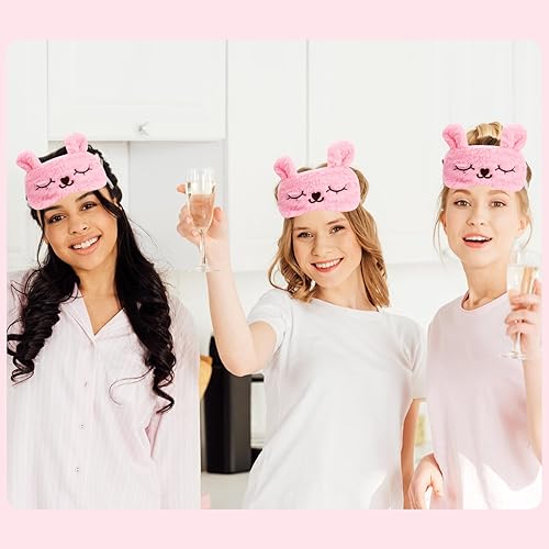 Miniatura 4 de Casoty Juego de 12 diademas de orejas de conejo con máscaras de felpa para dormir, recuerdos de fiesta de pijamas, diadema de maquillaje de