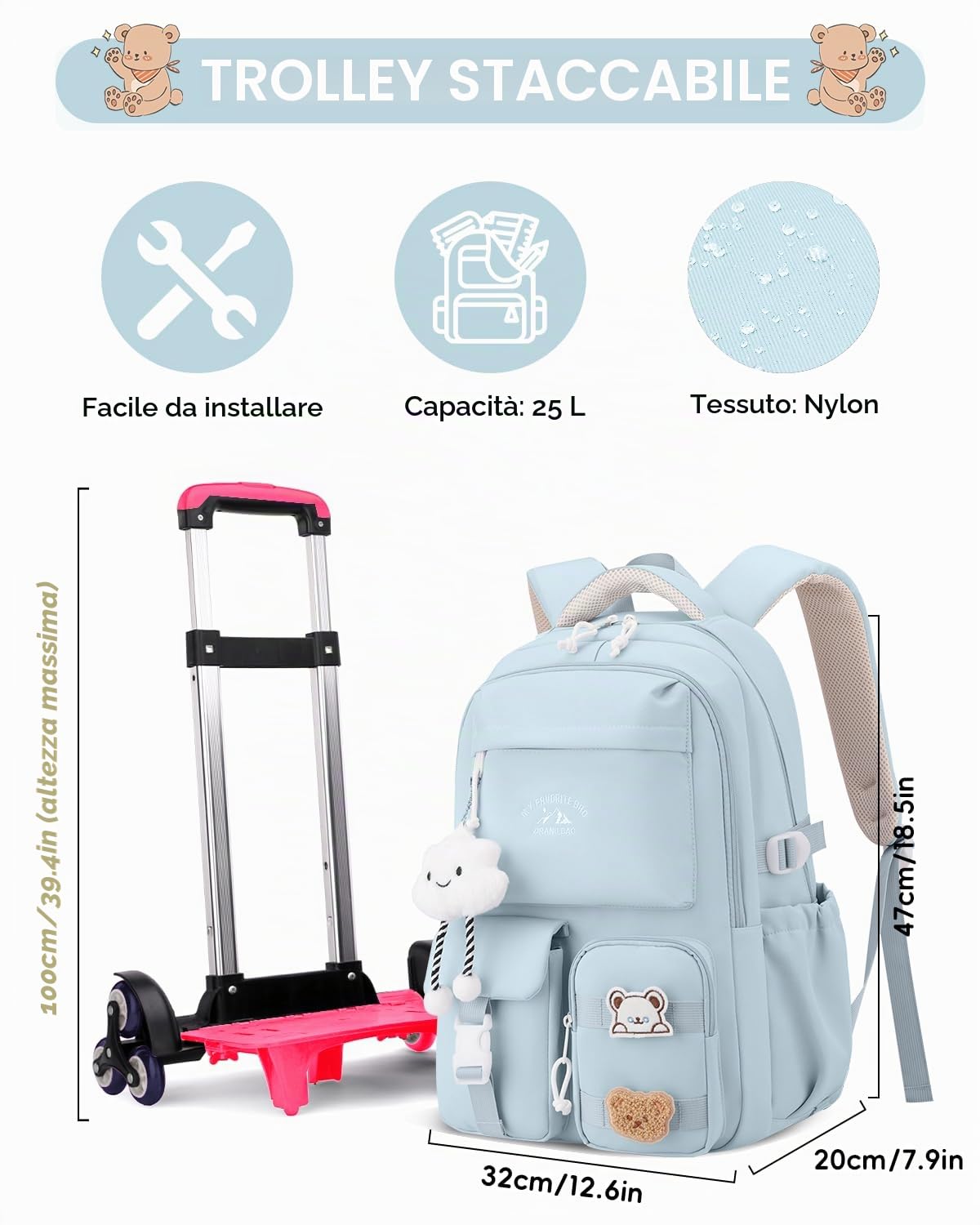 Tanou Zaino Trolley Scuola Elementare e Media | Zaini con Ruote da 30L per Ragazze Adolescenti, Zaino Rotelle Bambina Staccabile da Viaggio, Blu