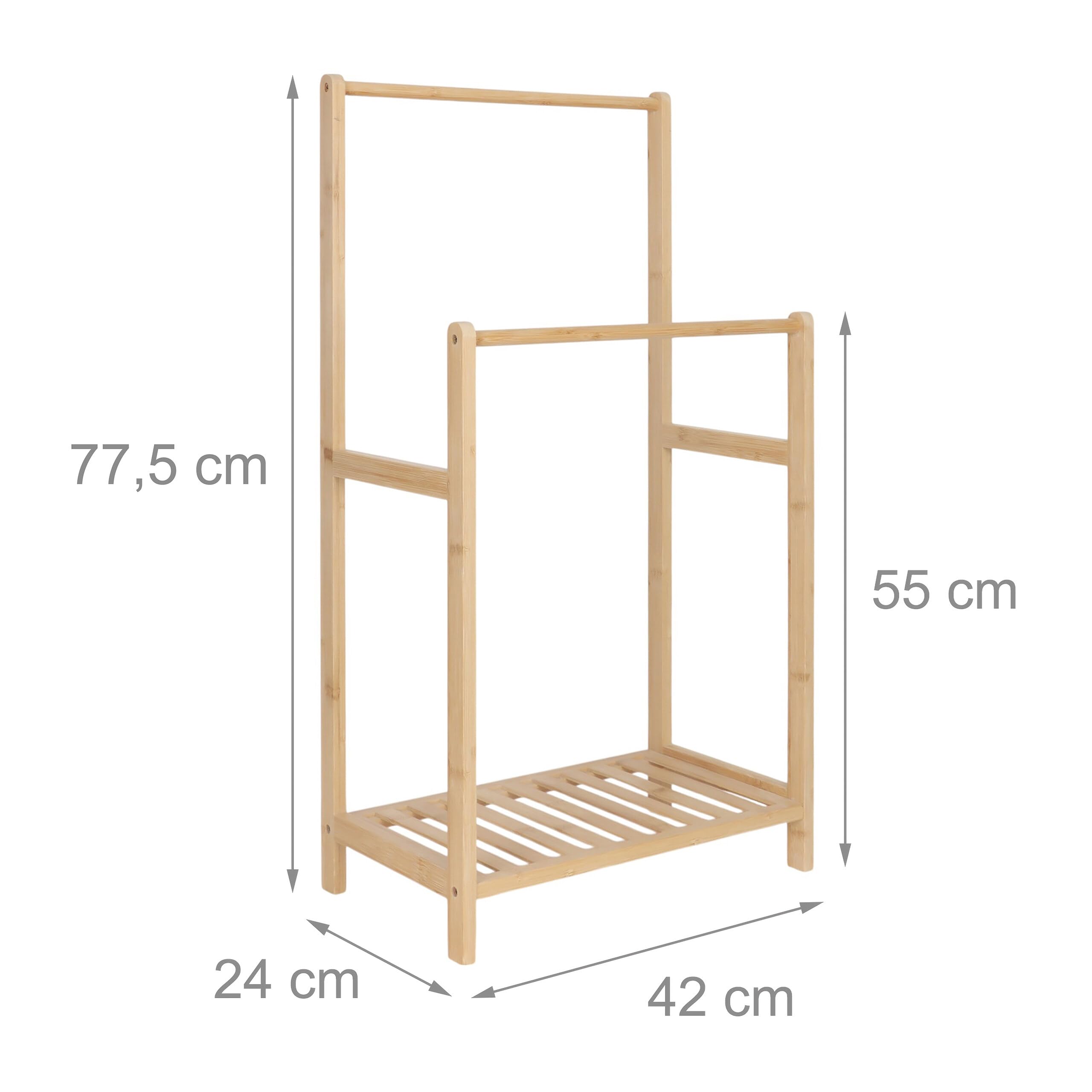 Relaxdays Porta Asciugamani in bambù, 2 aste, con ripiano, HLP: 77,5 x 42 x 24 cm, autonomo, Naturale