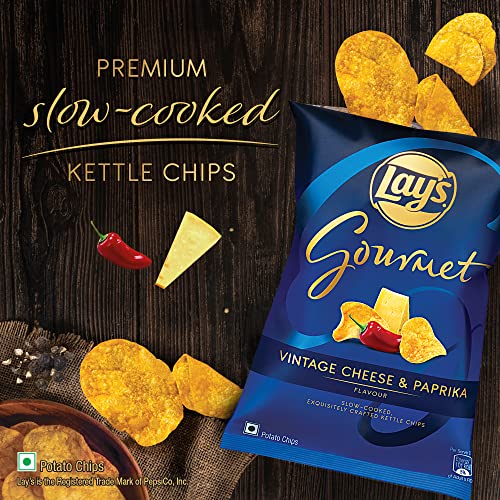 Image of Lay's Gourmet Kettle Chips 80 Gram, Vintage Cheese & Paprika Flavour, Premium Slow-Cooked Potato Chips, Chips And Snacks