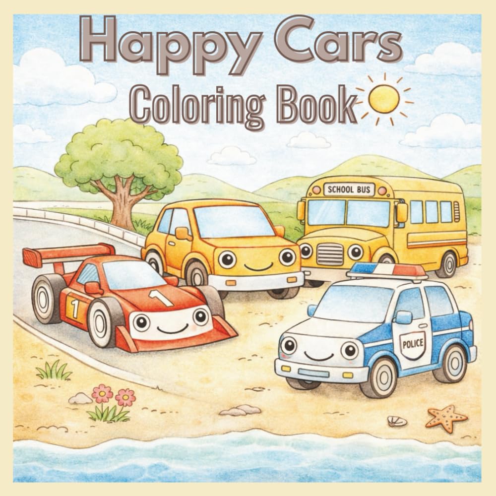 Happy Cars Coloring Book for Kids: Fun and Easy Vehicles Including Fire Truck, Ambulance, School Bus and Race Cars