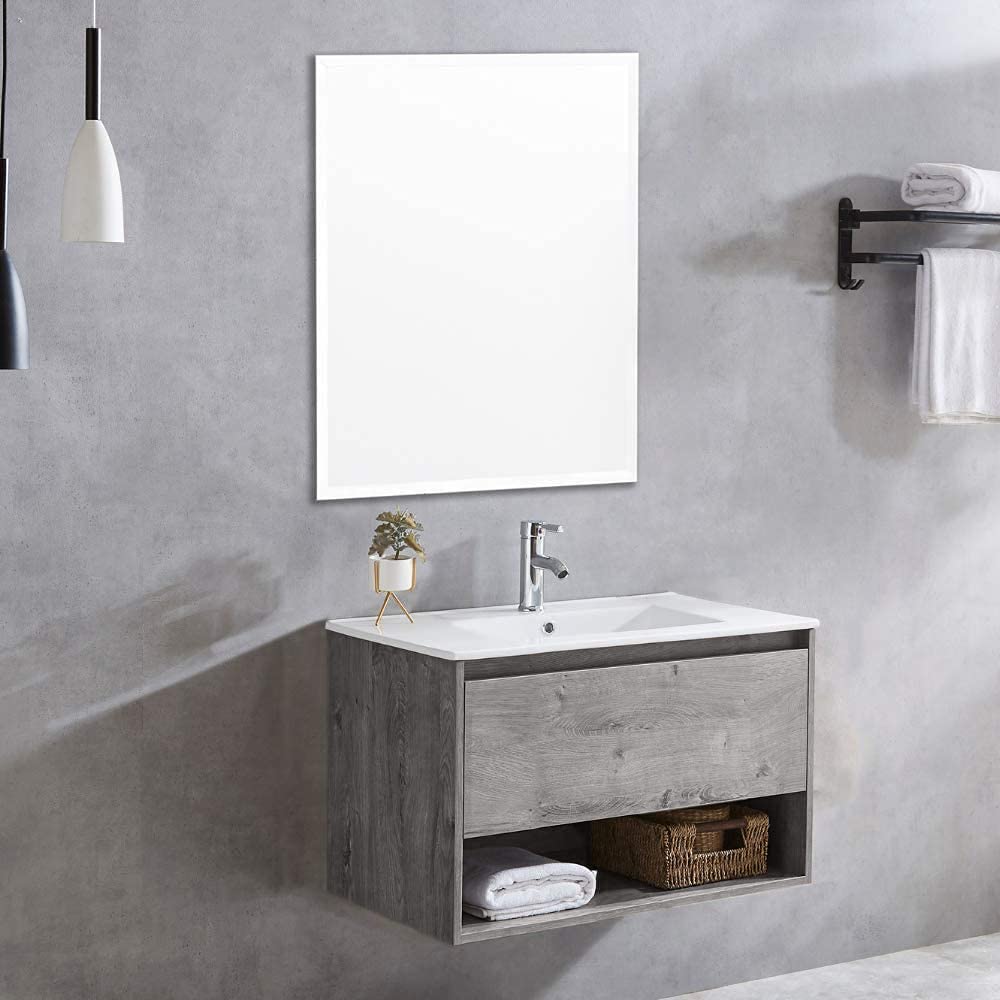 ZIK - Mobile Bagno con Lavabo e Specchio Moderno, Lavandino Bagno con Mobiletto in Legno e Ceramica, Mobile Sospeso con Finiture Eleganti e Cassetto e Vano Salvaspazio (Grigio Rovere 80cm.)
